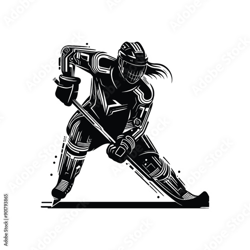 Ice Hockey sport female player with cyberpunk, glitch pattern illustration, emblem shield badge