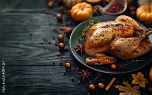 Roasted Chicken on a Wooden Table for Thanksgiving