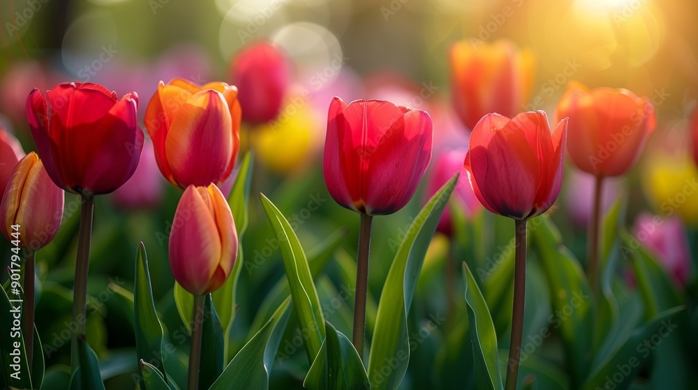 Beautiful colorful tulips are growing in a flower garden, illuminated by the setting sun Beautiful colorful tulips are growing in a flower garden, illuminated by the setting sun