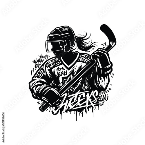 Ice Hockey sport female player with graffiti tags, street art pattern illustration, emblem shield badge