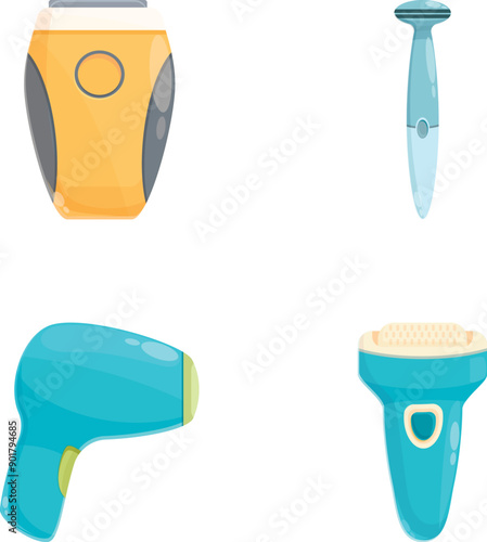 Modern epilator icons set cartoon vector. Electric shaver and photo epilator. Hair removal treatment