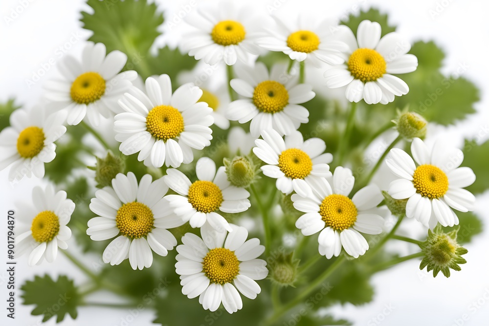 Fototapeta premium Feverfew flowers on white background, Ai Generated