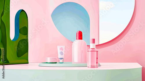 Wallpaper Mural 
Ein Mockup Set von Kosmetikprodukten präsentiert in einer eleganten und minimalistischer Weise. Es gibt mehrere Flaschen und Tuben auf einer glatten, reflektierenden Oberfläche.  Torontodigital.ca