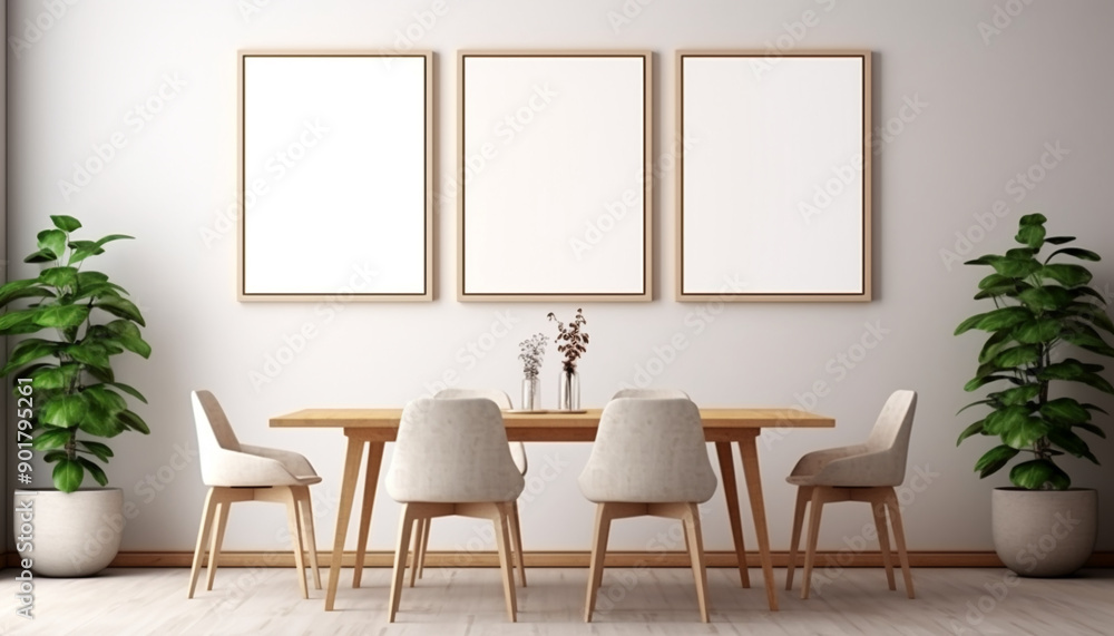 Fototapeta premium Minimalist dining room monochrome color scheme with empty frame
