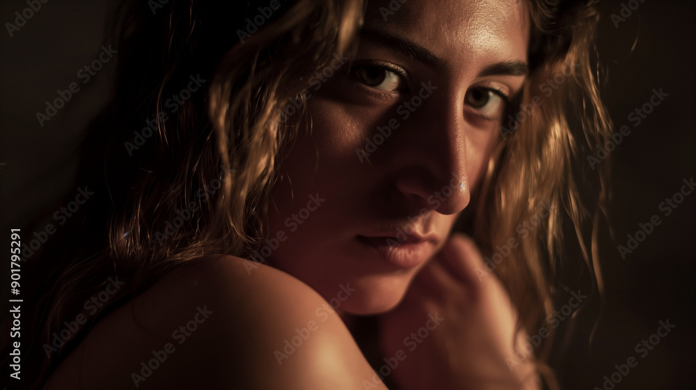 A woman with wavy brown hair, captured in a close-up shot. She has a contemplative expression and is seen gently touching her shoulder A woman with wavy brown hair, captured in a close-up shot. She has a contemplative expression and is seen gently touching her shoulder
