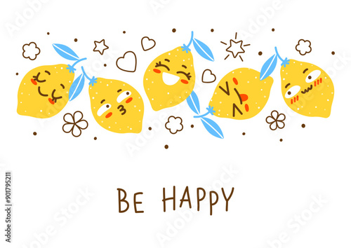 Horizontal border with cute yellow lemon characters isolated on white background for Your happy design