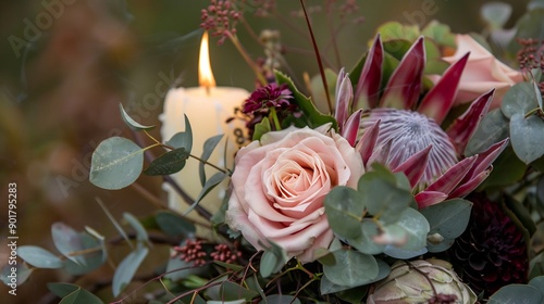 Elegant Floral Arrangement with a Burning Candle