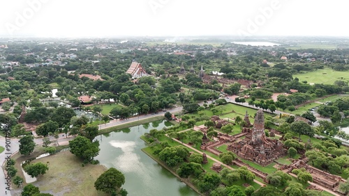 Aerial view of in Ayutthaya temple, Wat Phra Ram in Phra Nakhon Si Ayutthaya, Historic park in Thailand