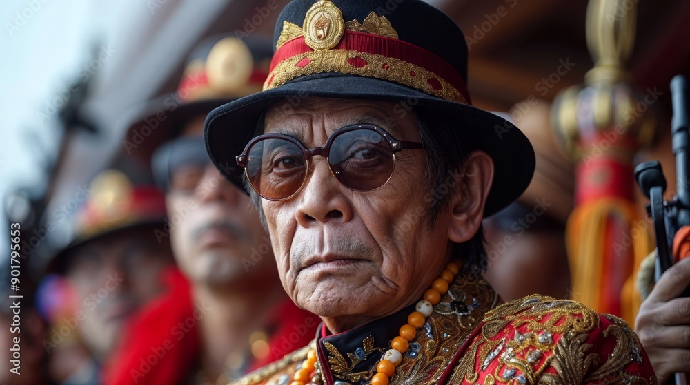 Fototapeta premium Portrait of a man dressed in traditional clothing, wearing a hat with a badge and other decorative elements, wearing glasses. He looks like a leader or a leader of people.