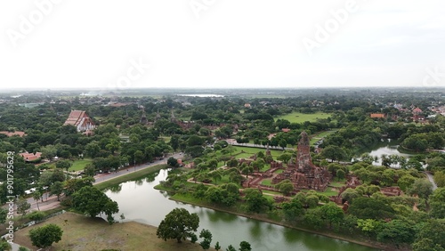 Photography Aerial view of in Ayutthaya temple, Wat Phra Ram in Phra Nakhon Si Ayutthaya, Hi