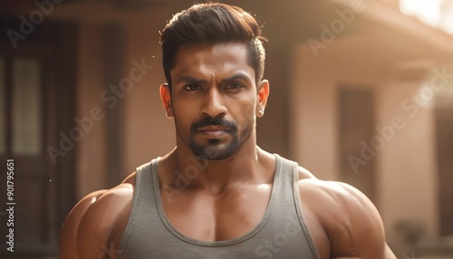 Handsome muscular Indian bodybuilder wearing tank top
