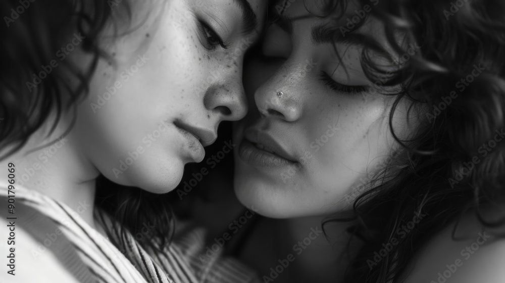Fototapeta premium A close-up view of two women with their eyes shut, showing intimacy and trust