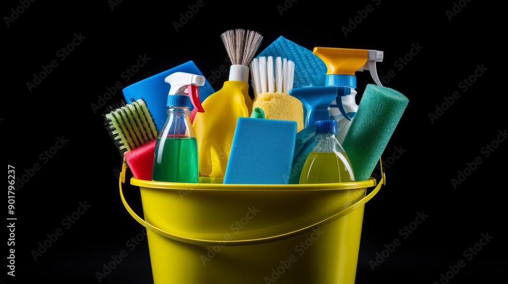 Plastic bucket with cleaning appliances and sprayers on black background. Neural network ai generated art Plastic bucket with cleaning appliances and sprayers on black background. Neural network ai generated art