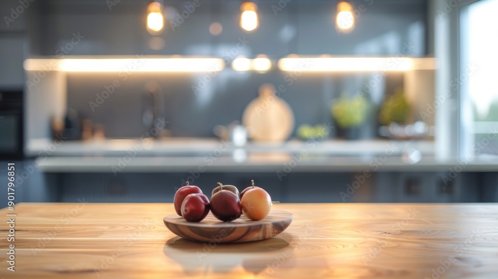 Blurred modern kitchen with wooden table display Blurred modern kitchen with wooden table display