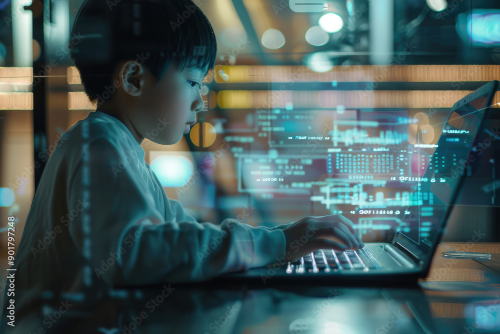 a little boy is typing on a laptop and a hologram of information appears floating in a sophisticated and luxurious room a little boy is typing on a laptop and a hologram of information appears floating in a sophisticated and luxurious room