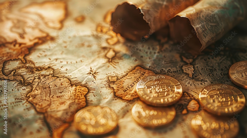 An antique map with treasure coins and a rolled parchment, symbolizing adventure and exploration across ancient lands. An antique map with treasure coins and a rolled parchment, symbolizing adventure and exploration across ancient lands.
