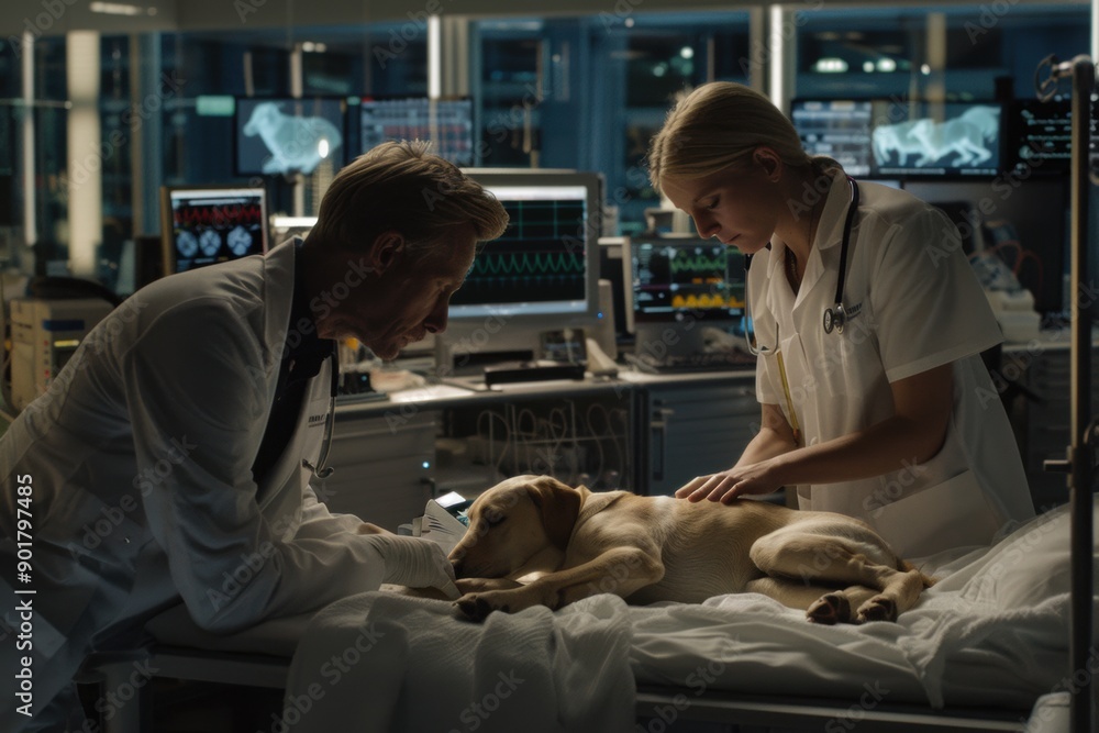A man and a woman are tending to a dog in a hospital setting A man and a woman are tending to a dog in a hospital setting