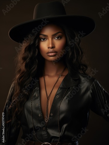 Elegant African-American Woman in Stylish Hat and Leather Attire