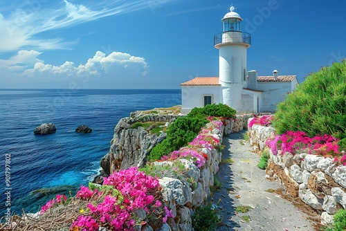 A lighthouse is on a rocky shoreline with a beautiful view of the ocean