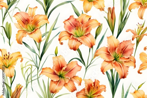 Watercolor daylily flowers on white background, Ai Generated