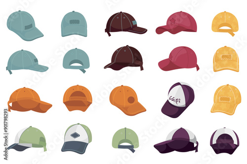 Baseball caps mega set elements in flat cartoon graphic design. Bundle objects of sports hats with visors in front, back and side views. Headwear accessory for man, woman, kids. Vector illustration.