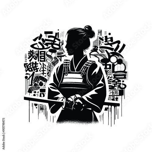 kendo sport female player with graffiti tags, street art pattern illustration, emblem shield badge