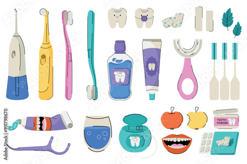 Teeth care tools mega set elements in flat cartoon graphic design. Bundle objects of tooth brushes, chewing gum, whitening strips, mint, toothpaste, dental floss, mouth, other. Vector illustration.