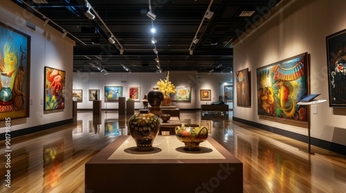 Wide view of an art gallery exhibit. 