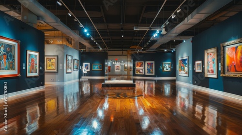 Wide view of an art gallery exhibit.