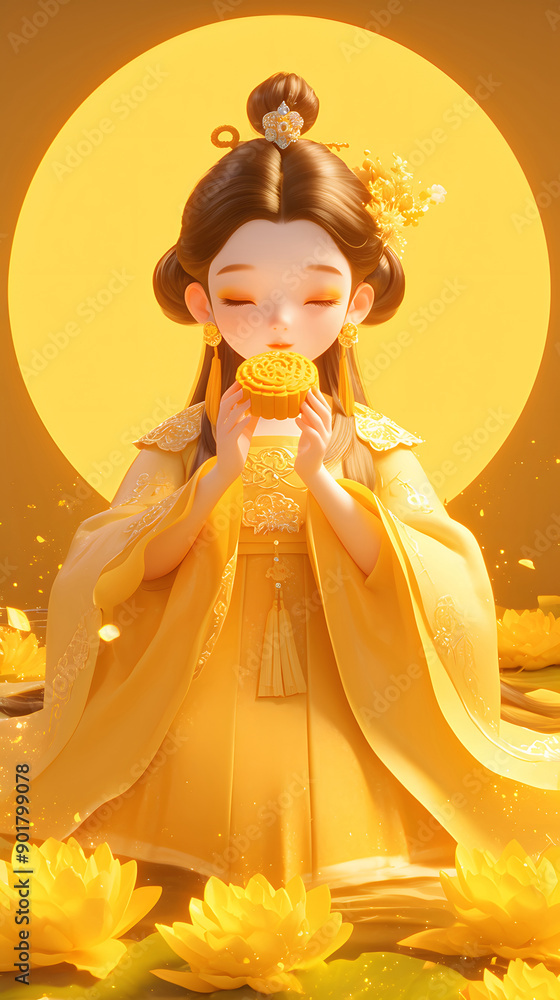 3D cartoon style Chang'e tasting moon cake 3D cartoon style Chang'e tasting moon cake