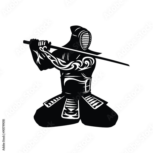 kendo sport male player with ethnic tribal tattoo, gothic, pattern illustration, emblem shield badge