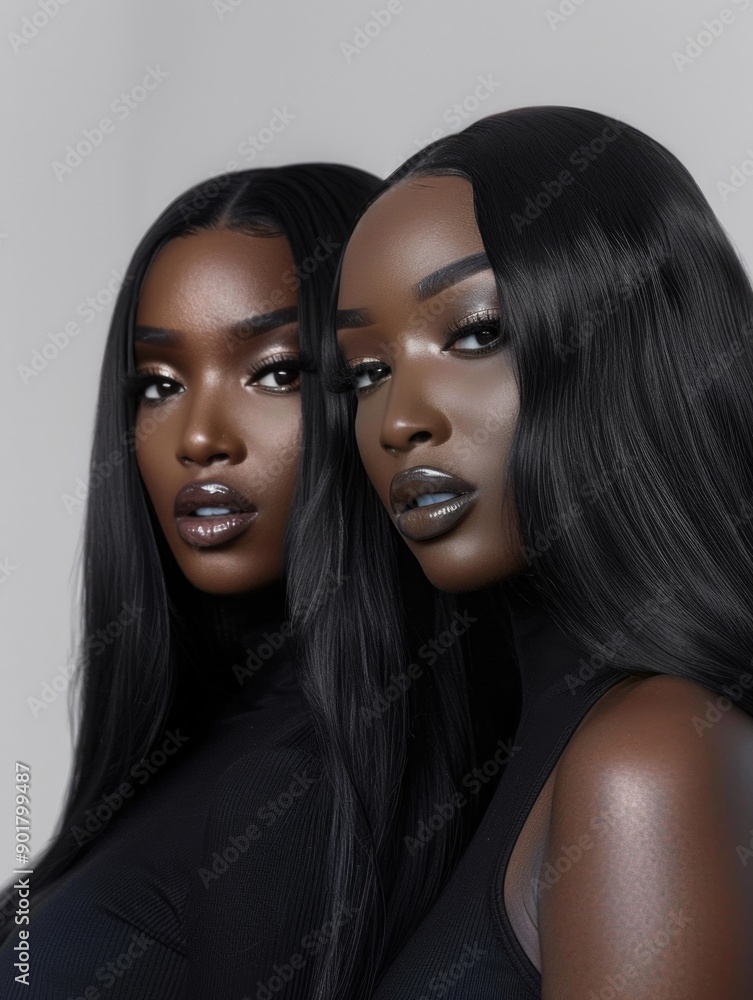 Striking Portrait of Twin Sisters with Flawless Makeup and Sleek Hairstyles Striking Portrait of Twin Sisters with Flawless Makeup and Sleek Hairstyles
