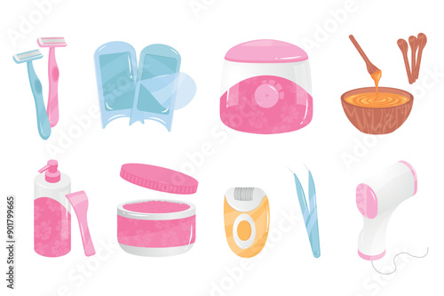 Depilation tools mega set elements in flat cartoon graphic design. Bundle objects of shave razor, waxing, sugaring, hair removal cream, epilator, tweezers, photoepilation, other. Vector illustration.