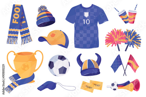 Football items mega set elements in flat cartoon graphic design. Bundle objects of fan scarf and hat, player t-shirt, cap, trophy gold cup, ball, whistle, tickets, flags, other. Vector illustration.