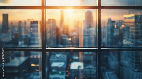 Close-up of a window with a city view. 