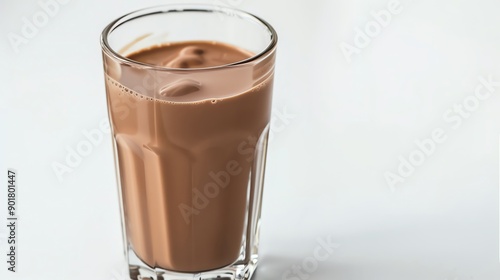 Chocolate milk in a tall glass on solid white background, single object