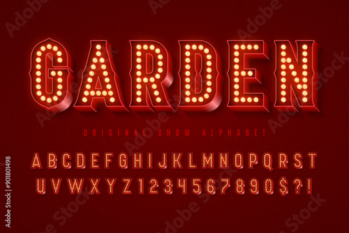 Retro circus alphabet design, cabaret, fairy LED lamps letters and numbers.