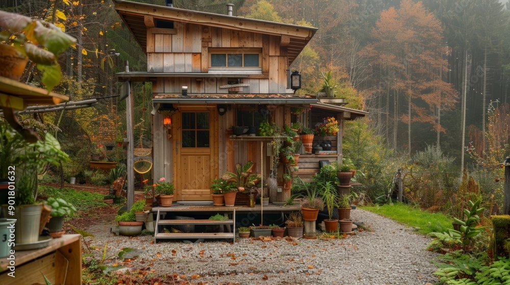 Obraz premium Small wooden cabin surrounded by forest greenery in autumn