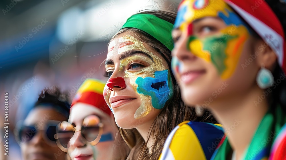 Spectators with face paint representing their countries at Paris 2024.