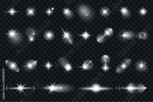 Lens flare mega set elements in realistic graphic design. Bundle objects of white glow flare light effects, sunshine flash with beams and sparkles, bright star highlight blinks. Vector illustration.