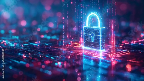 Glowing padlock protecting circuit board from cyber attacks
