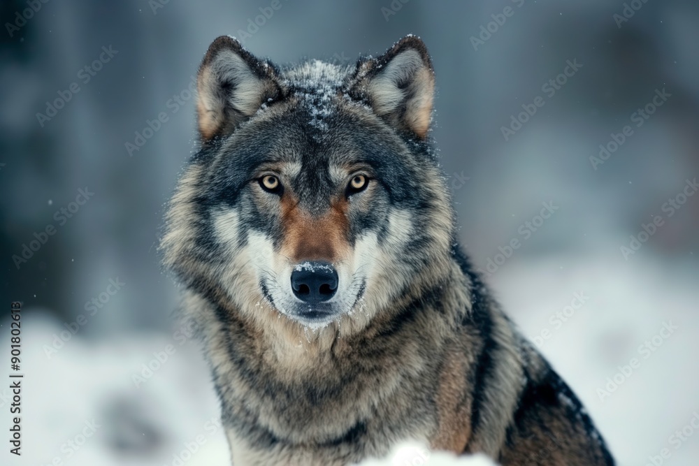 Powerful grey wolf posing in snowy forest habitat Powerful grey wolf posing in snowy forest habitat