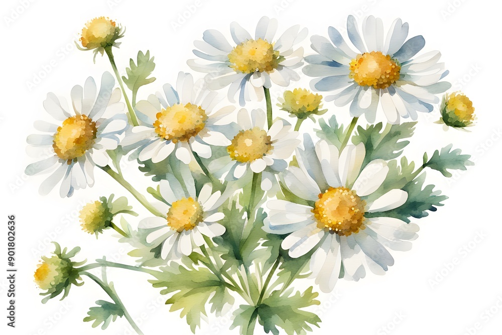 Fototapeta premium Watercolor feverfew flowers on white background, Ai Generated
