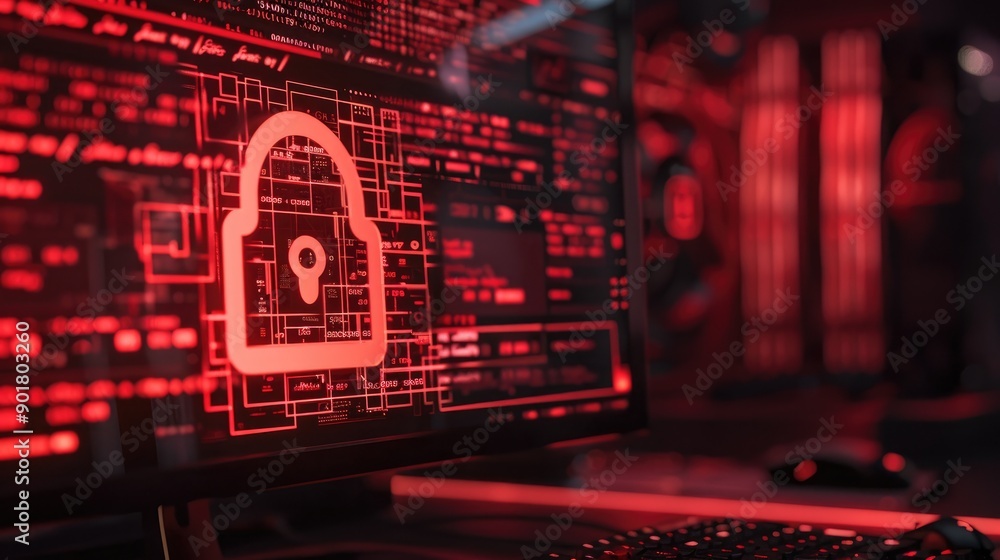 Computer screen showing a red warning sign indicating a system hack with a broken padlock icon. Computer screen showing a red warning sign indicating a system hack with a broken padlock icon.