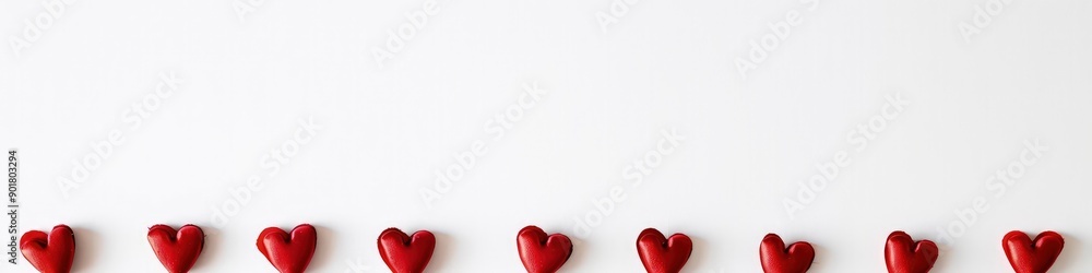 Fototapeta premium A minimalist Valentine's banner with a single line of small red hearts creating a border at the bottom, against a clean, stark white background for contrast