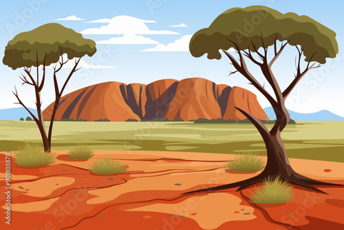 Desert landscape with red rock in Australia. Green shrubs and trees with a wide top. Blue sky with clouds. Red desert soil, grass and mountains. Vector illustration of an Australian landscape.
