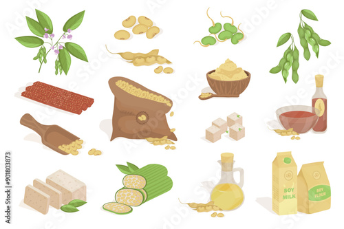 Soy products mega set elements in flat cartoon graphic design. Bundle objects of flower plant, beans, sauce, vegan milk, flour, meat with protein substitute, tofu cheese, other. Vector illustration.
