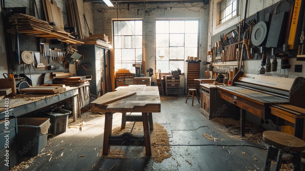 Wide shot of a woodworking workshop. Wide shot of a woodworking workshop.