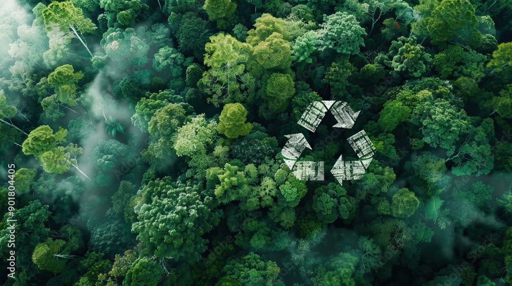 Recycling sign and forest background. Ecological waste management and sustainability. AI generated image Recycling sign and forest background. Ecological waste management and sustainability. AI generated image