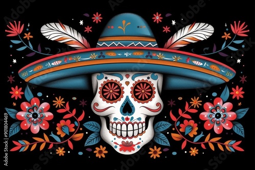 Sugar Skull With Sombrero and Flowers